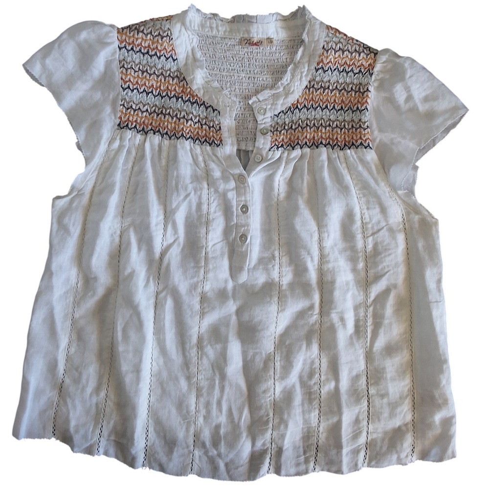 Faherty L Honokaia White Smocked Linen Cap Sleeve Blouse Bohemian Preppy Eco